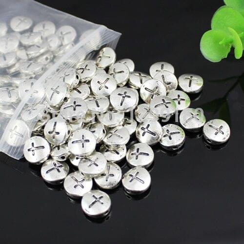 50pcs Antique Silver Material Flat Round Beads Crosses Beads DIY-Accessory approx 4x10mm (K00122)