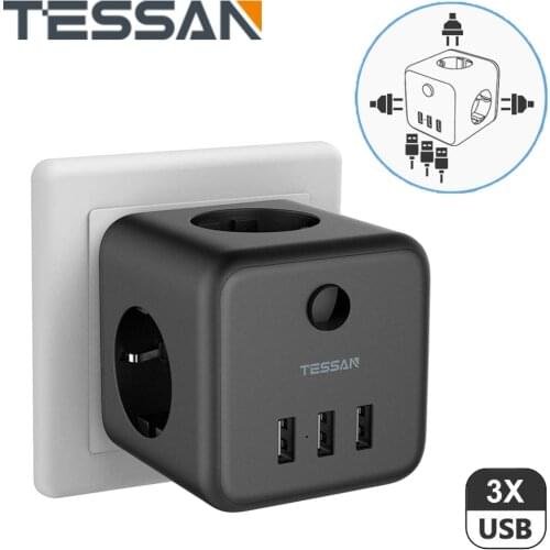 TESSAN EU Wall Socket Power Strip with 3 AC Outlets 3 USB Ports and On/Off Switch, 100-250V EU Socket Charge Adapter for Office