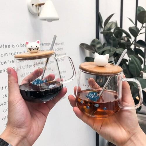 500ml Cute Cat Glass Mugs With Spoon and Lid Coffee Tea Milk Breakfast Cups With Handle Drinkware Nice Gifts