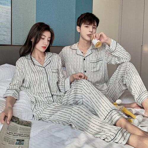 Lovers Stripe Stain Pajama Sets Silk-like Long Sleeve Top and Pants Elegant Loungewear Women and Men Nightwear Unisex Homewear