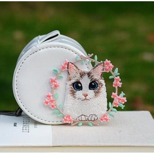 Cat with Flowers Embroidered Patch Iron on for Clothes Bags Clothing Sticker DIY Patches Apparel Sewing Applique Animal Parches