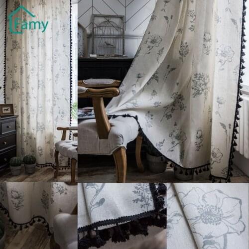 Retro Floral Printed Curtain Living room Curtins Semi Blackout Tassel Cotton Linen Drapes backdrop window curtain Home Decor
