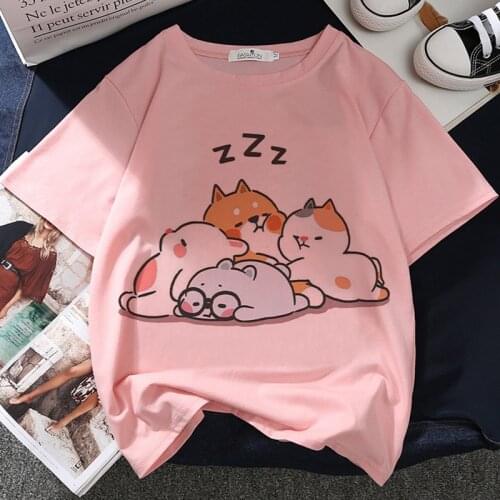 Cat Sleep Cute Graphic Print T-shirt Women Harajuku Aesthetic White Top Casual Tshirt 2021 New Summer Fashion Y2k Female T Shirt