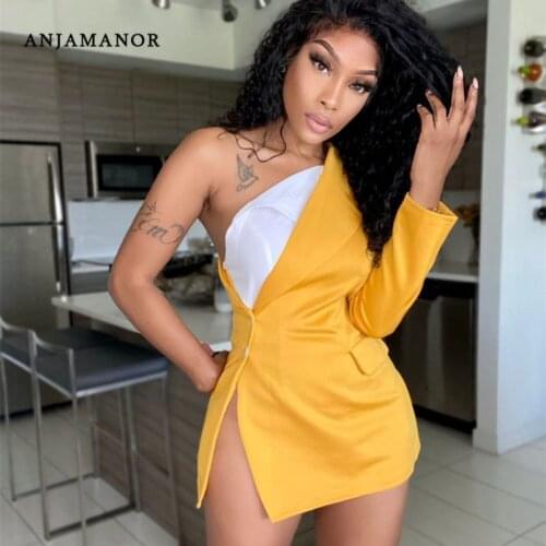 ANJAMANOR Sexy Blazers Clubwear Asymmetrical One Shoulder Long Sleeve Dress Jackets Coats for Women Elegant Outwear D48-DG34