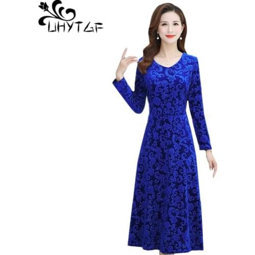 UHYTGF dresses womens fashion Gold velvet long dress V-neck pullover spring autumn dress Korean loose 5XL plus size dresses 1032