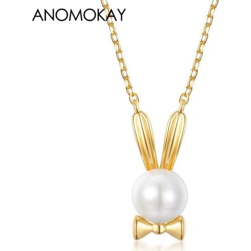 Anomokay New Simple Fashionable Gentleman Rabbit Gold Color Necklace for Women Girl Gift 100% 925 Silver Necklace with Pearl