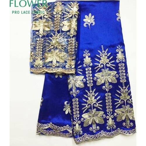 Gold Sequined Embroidered George Lace Fabric With 2 Yards Blouse Royal Blue African Nigerina Women Wedding George Silk Mateiral