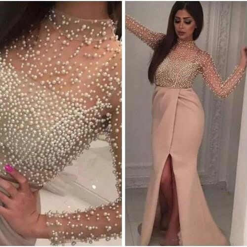 2021 Vintage Blush Split Prom Dresses Full Beaded Pearls Illusion Neck Middle East Moroccan Kaftan Evening Party Gowns Custom