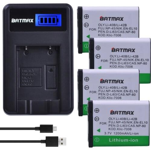 Batmax 4Pcs LI-40B LI 40B LI-42B Battery + LCD USB Charger for Olympus for FUJIFILM fuji NP-45 NP 45 NP45 NP 45A 45B 45S EN-EL10