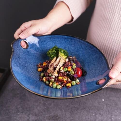 Nordic Binaural Ceramic Round Plates Salad Pasta Snack Cereal Home Restaurant Creative Simple Tableware Ceramic Deep Plates