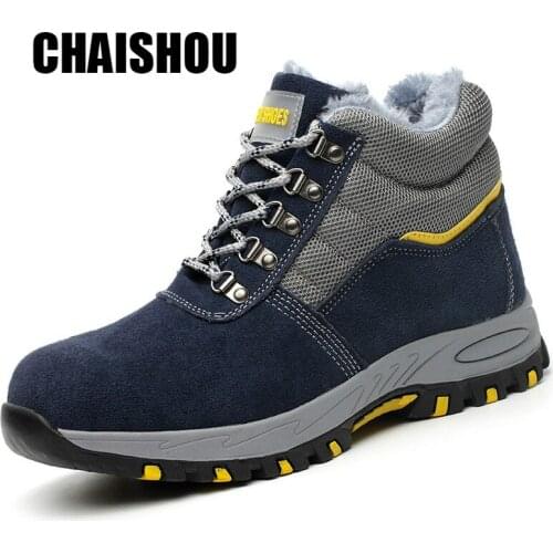 Shoes men Work boots Winter Warm Outdoor Steel toe cap Anti-smashing anti-piercing Outdoor lace-up Cow suede Safety shoes CS-256