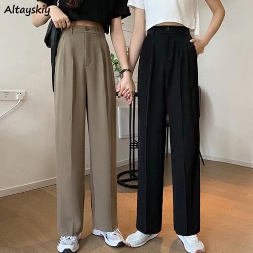 Pants Women Full-length Casual High Waist Elegant Straight Solid High Quality Cozy Trendy Trousers College Daily Korean Style