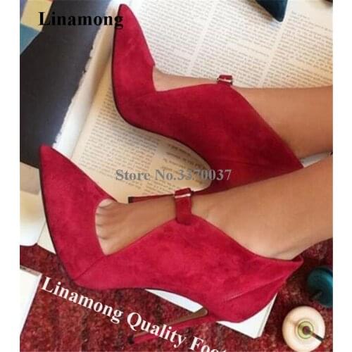 Linamong Elegant Pointed Toe Suede Leather Cut-out Stiletto Heel Short Gladiator Boots Buckles High Heel Ankle Booties Heels