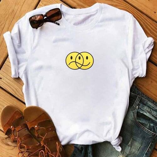 Aesthetic Tops Harajuku T Shirt Womens Duality Sad and Smile Face Printed T Shirt Women Graphic Tees Summer Fashion Cartoon Top
