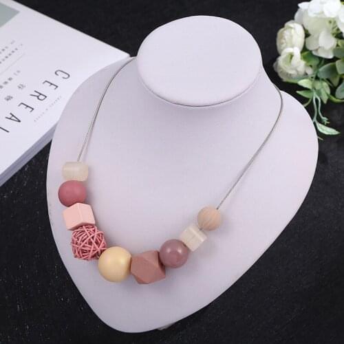 Geometric Irregular Sweater Chain Necklaces for Woman Girl Wood Beaded Charm Neck Party Jewelry
