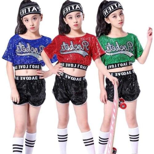 Girl Jazz Dance Set for Kids Hip Hop Clothing Children Modern Dance Suit Sparkly Stage Dancing Sequin Jazz Costumes For Girls