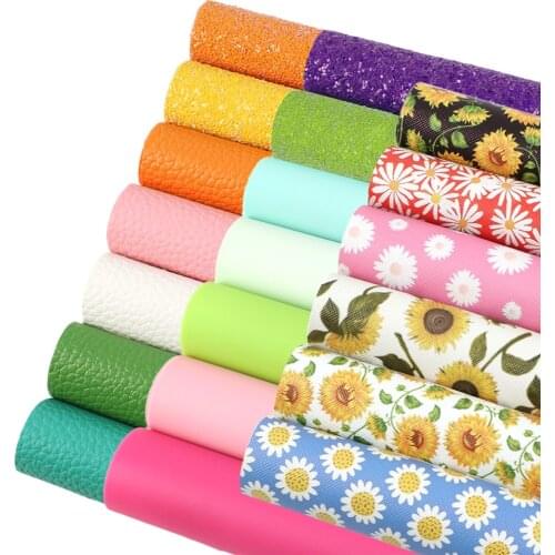 A5 Size Solid Color Chunky Glitter Jelly Lychee Faux Leather Sheet Sunflower Printed Synthetic Leather Fabric Set 30Pcs/set