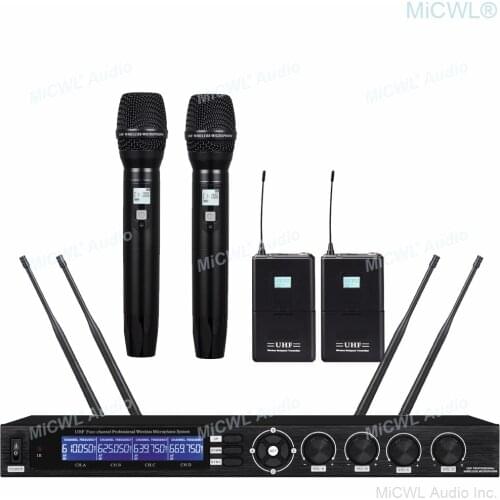 MiCWL UHF Digital 2 Headset 2 Handheld Wireless Karaoke Microphone System 4 Mics Channel 4 Antenna Receiver Large Range