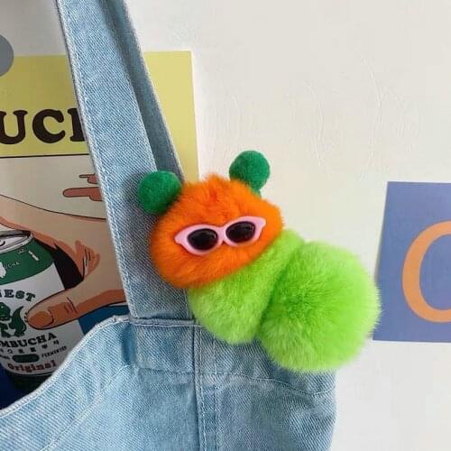 Mini Fluffy Hair Ball Carrot Caterpillar Pendant Doll Orange Green Contrast Color Girl Car Key Ring backpack Decor Accessories
