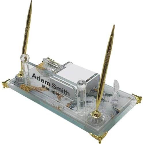 Crystal Glass Desk Name Plate and Pen Desk Stand Set - Personalized Name Plate, Crystal Clock, Custom Engraved Awards, Teachers