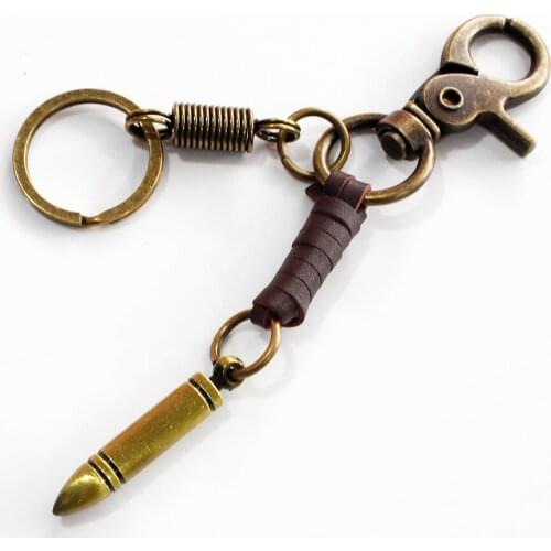 2020 New Fashion Alloy Genuine Leather Keychain Retro Punk Vintage Bullet Hat Pendant Key Chains Keyring for Man Gift