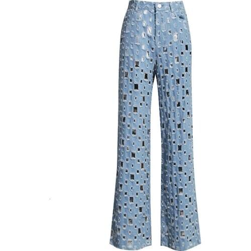 New Fashion 2020 Autumn Lace-up Mid Waist Button Holes Hllow Out Loose Jeans Wid Leg Trousers Denim Pants Women Tide Q143