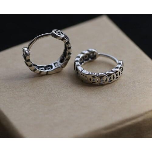New Retro 925 Sterling White Fungus Buckle Copper Coin Hollow Lucky Round Earrings Chinese Style Wild Creative Jewelry