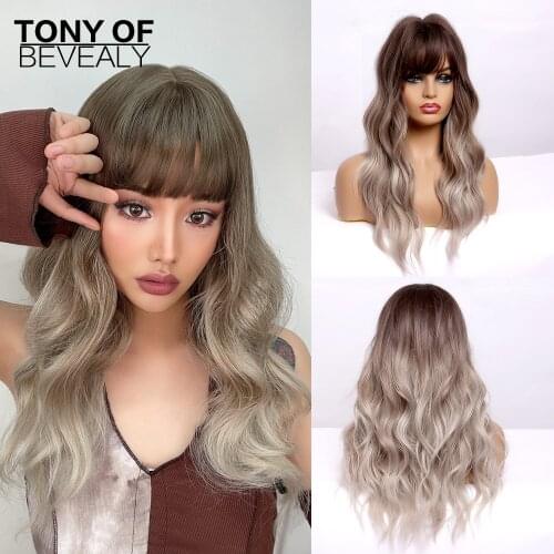 Long Wavy Brown to Gray Ombre Hair Wigs With Bangs Heat Resistant Synthetic Wigs for Afro Women Daily Cosplay Natural Wigs