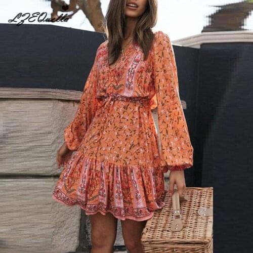 LZEQuella Women Sexy V Neck Floral Print Lace Up Boho Dress Summer Holiday Beach Ruffles Chiffon Mini Dresses Vestidos NZ3479