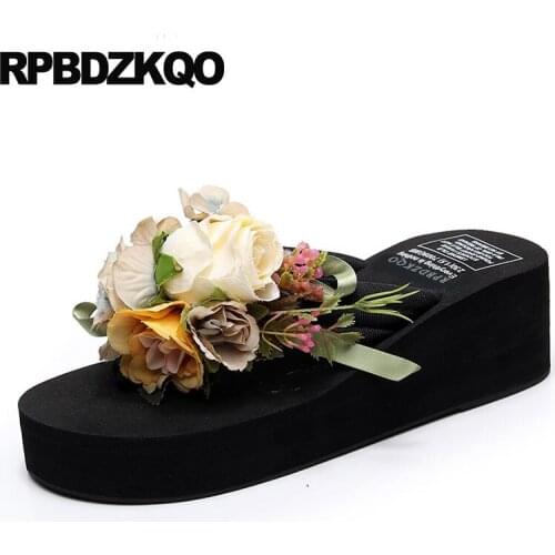 Big size slides summer sandals wedge beach high heel plus platform wide fit shoes ladies flip flop slippers large women flower