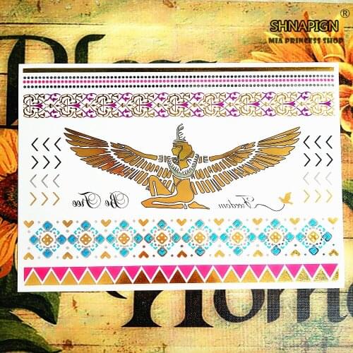 SHNAPIGN 24 style Temporary Tattoo Body Art, golden mummy Designs, Flash Tattoo Sticker Keep 3-5 days Waterproof 21*15cm