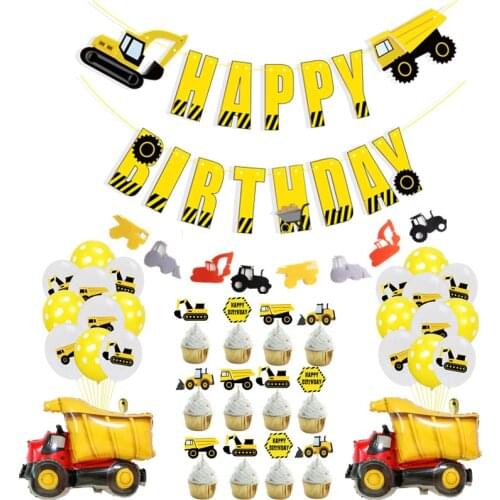 Construction truck excavator pull flag balloon set aluminum film confetti balloon boy theme birthday party decoration balloon