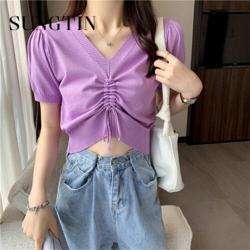 Sungtin Purple Knitted Shirring Short T Shirt Women Summer Thin Puff Sleeve Tees Tops Korean Chic V Neck Solid Sweet T Shirt New