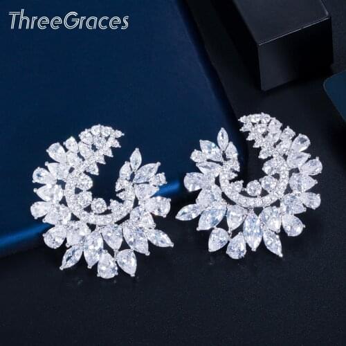 ThreeGraces Trendy Big Leaf Shape Cubic Zirconia Elegant Wedding Dangle Earrings for Bride Fashion Brand Designer Jewelry ER604