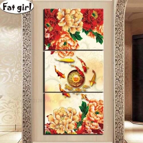 Triptych Chinese style good luck koi picture wall hanging 5d diamond painting cross stitch mosaic embroidery square round drill