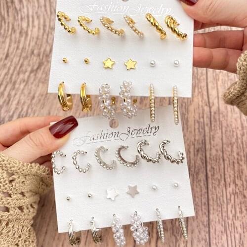 VKME Korean Small Gold Pearl Hoop Earrings Set For Women Dangle Earings Girls Womens Stud Earring 2021 trend Jewelry Gift