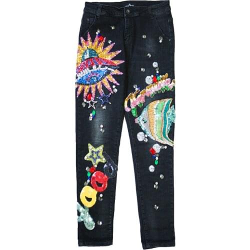 Plus size 26-32!Sequined loose Jeans For Girls Women Jeans Casual Denim Pants Beading Pattern harem Pant