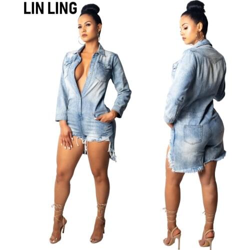 LINLING Womens Sexy Jumpsuits Elegant Long Sleeve Straight Long Pants Clubwear Denim Rompers with Pockets