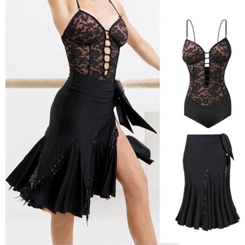 Latin Dance Costume Women Fringed Skirt Bandage Waist Black Lace Dress Adult Practice Wear Samba Performnce Clothes DNV14849