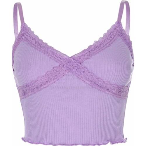 Women Spaghetti Strap Crop Top Sexy V-Neck Cross Lace Front Camisole Ribbed Knitted Ruffles Hem Backless Sling Vest Summer Stree