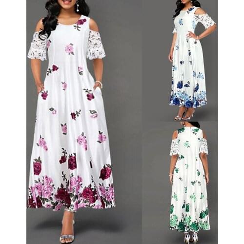Women Fashion Lace Patchwork Sleeve Floral Print Large Hem Party Long Dress