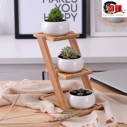 1 Set White Ceramic Flowerpot Modern Minimalist Succulent Plant Pot Home Garden Decor 3 Bonsai Planters with 3-Tier Bamboo Shelf