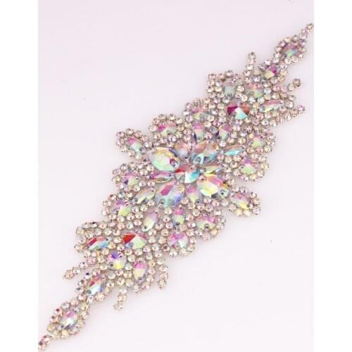 1 PCS Silver AB Motif Rhinestone Applique Handmade Sew on Crystal Patch For Women Wedding Bridal Sash Belt Applique