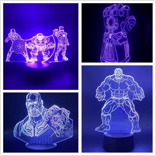 Marvel Avengers 3D Lamp Superhero Illusion Lamp America Captain Hulk Thanos Action Figure LED Night Light Bedroom Decor Lampara