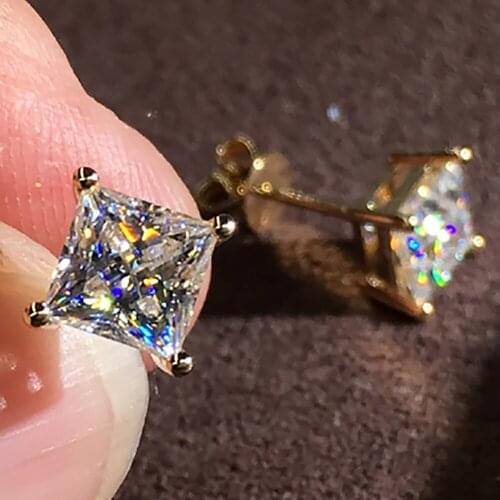 14K White Gold 2 Carat Stud Earrings Women Present Wedding Anniversary Engagement Party 1ct Square Princess Moissanite Diamond