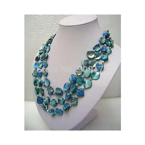 Free Shipping>>Jewelry 3 ROWS Pearl & Blue Mother of shell Pearl Necklace