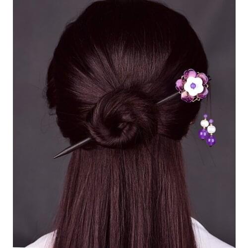 Chinese Ancient Violet Coloured Glaze Synthetic Flower Hair Stick Natural Shell Exquisite Chalcedony Pendant Hair Jewelry