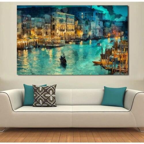 JQHYART A small town at night Moat building ship Painting Canvas Wall Art Picture On Prints Poster Home Decor Canvas No Frame