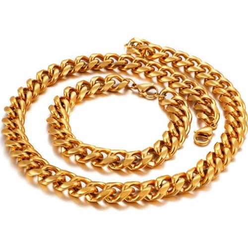PUnk Hip-Hop Gold 13mm 24''+9'' Stainless Steel Jewelry Set Necklace & Bracelet Curb chain Link Bling