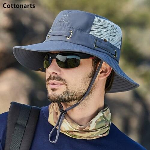 Summer Adjustable Drawstring Sun Hats for Men Outdoor Breathable Mesh Fishing Cap Wide Brim Anti-UV Beach Caps Bucket Shade Hat
